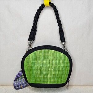 Saraye Baskets of Cambodia Bright Green Black Straps Zip Top Mini Tatami Bag